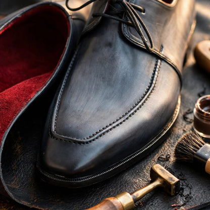 Cobbler India Gray & Black Apron Derby Shoes For Men