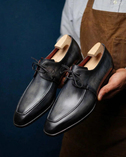 Cobbler India Gray & Black Apron Derby Shoes For Men