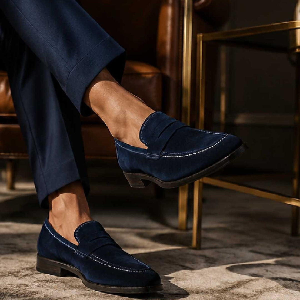Cobbler India Men's Penny Loafers Navy Suede