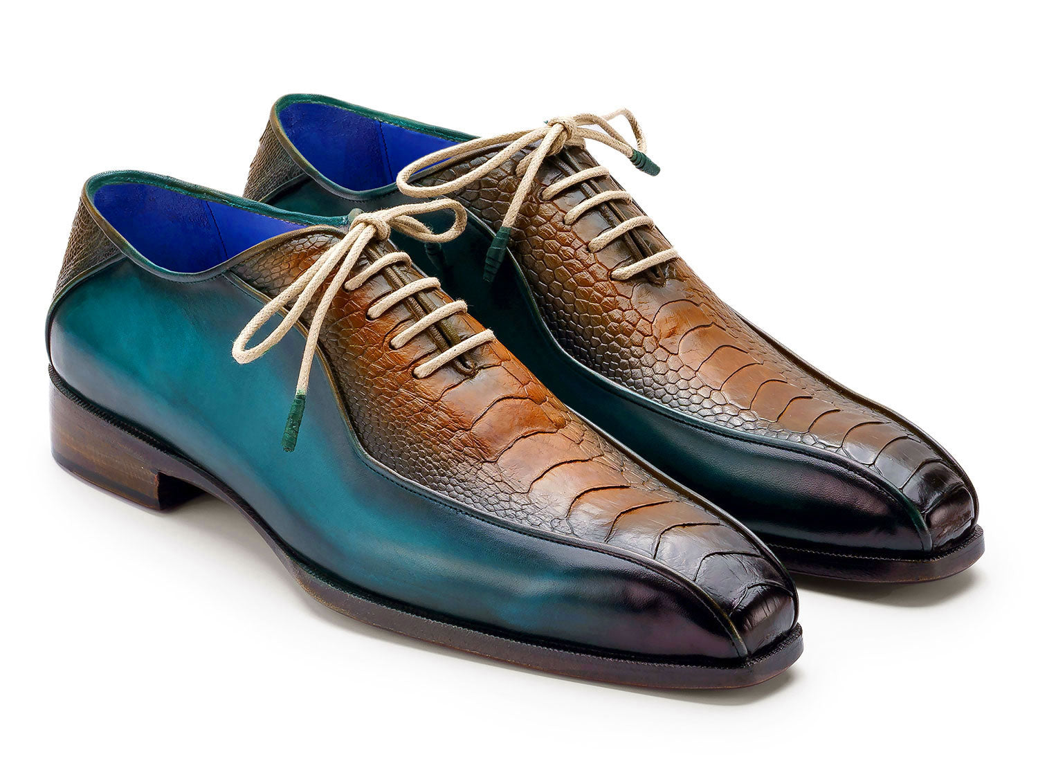 Paul Parkman Genuine Ostrich Leg Bicycle Toe Oxfords Green & Brown (ID#94DLTQB)