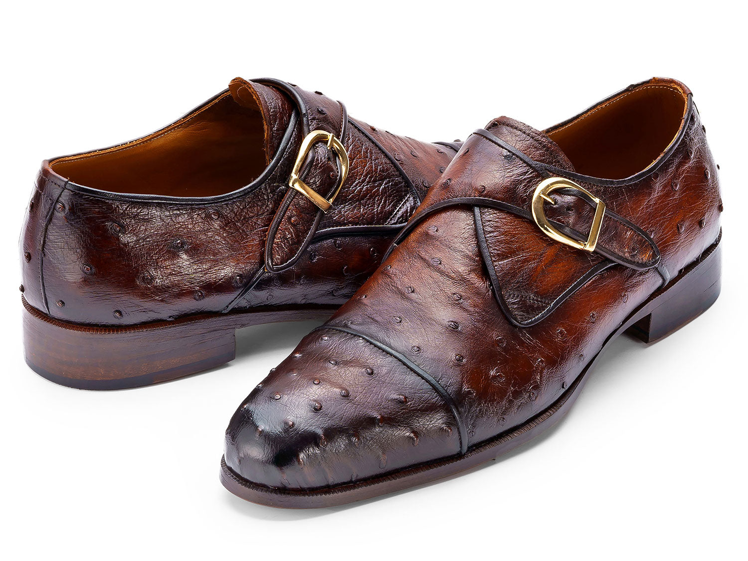 Paul Parkman Men's Genuine Ostrich Skin Monkstrap Shoes Brown (ID#91BRW68)