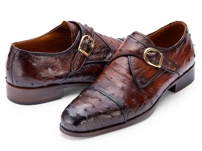 Paul Parkman Men's Genuine Ostrich Skin Monkstrap Shoes Brown (ID#91BRW68)