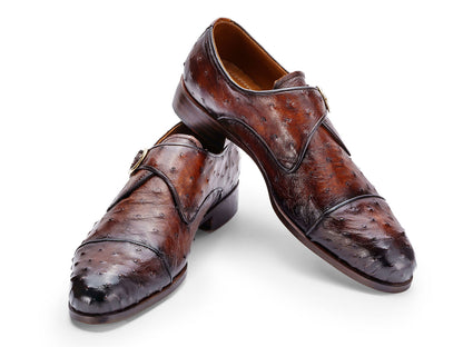 Paul Parkman Men's Genuine Ostrich Skin Monkstrap Shoes Brown (ID#91BRW68)