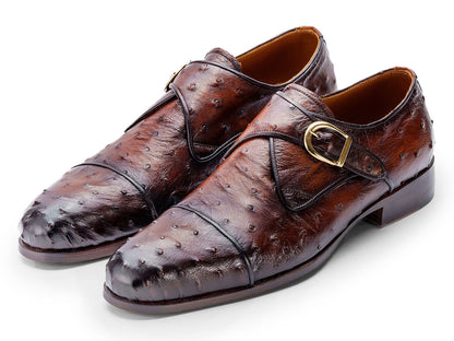 Paul Parkman Men's Genuine Ostrich Skin Monkstrap Shoes Brown (ID#91BRW68)