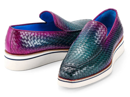 Paul Parkman Men's Smart Casual Woven Leather Loafers Green & Purple (ID#186-WN-GPR)