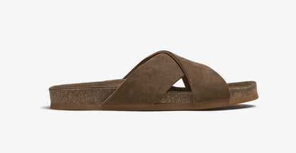 Brown suede cross-over slip-on sandal side profile