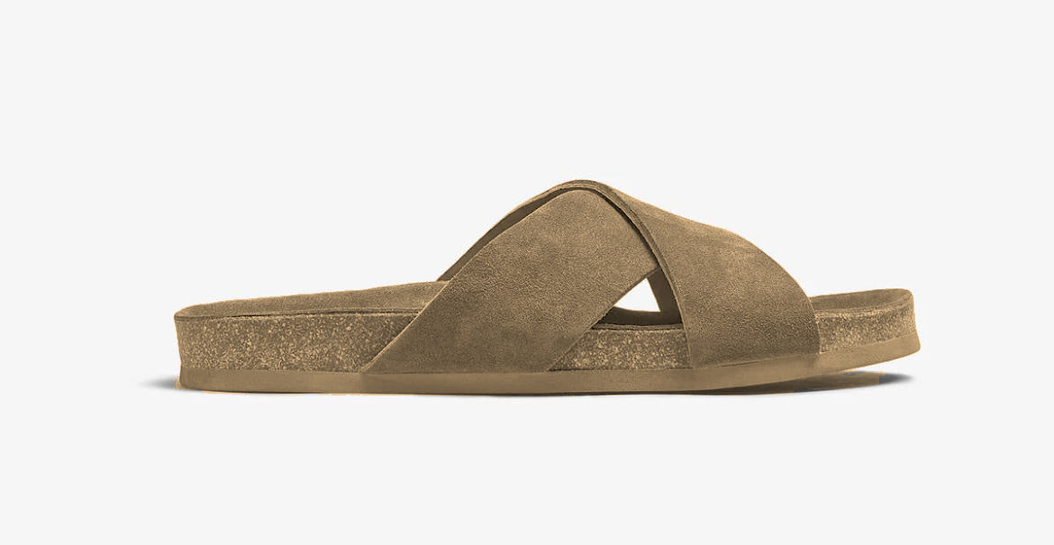 Tan suede cross-over slip-on sandal side profile