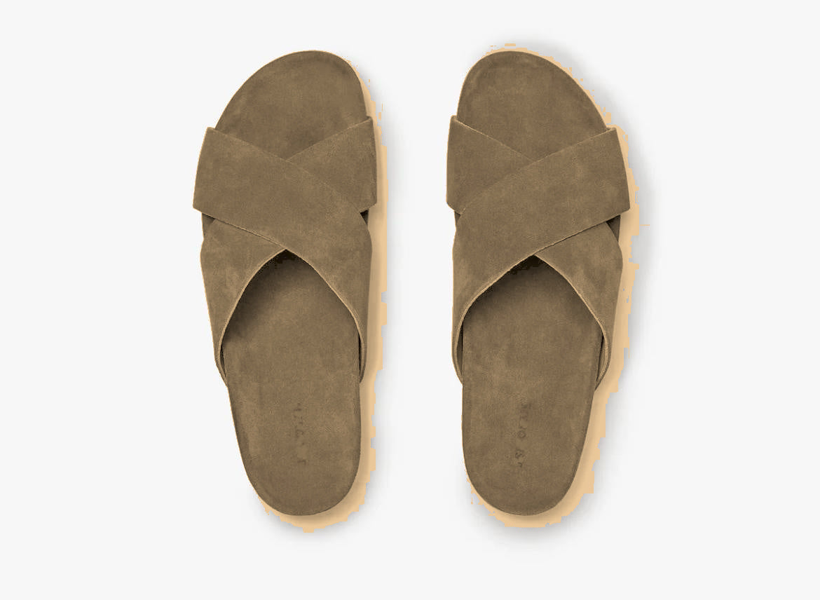 Tan suede cross-over slip-on sandals top view