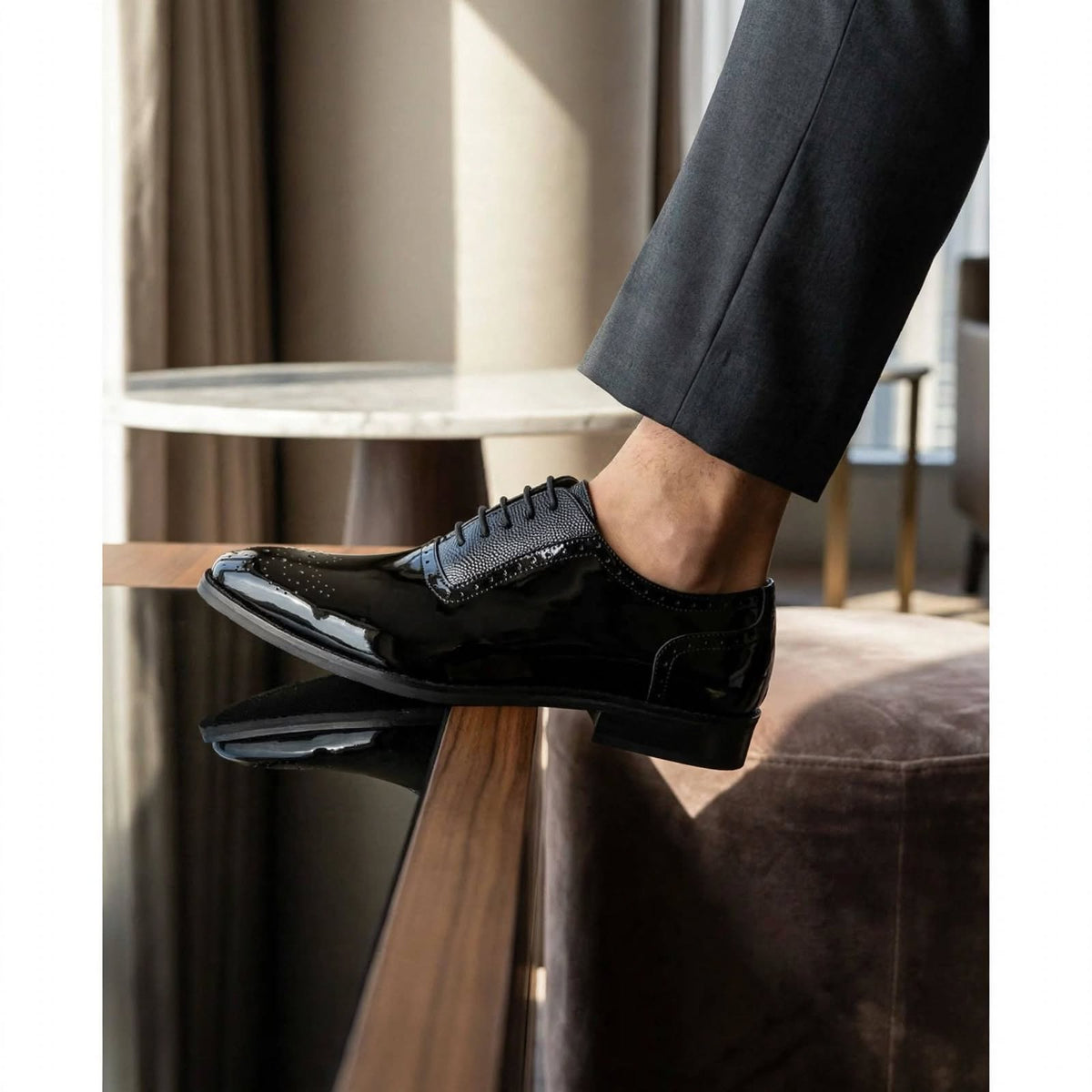 Cobbler India Men’s Black Patent Oxfords – Luxury Brogues for Formal Wear
