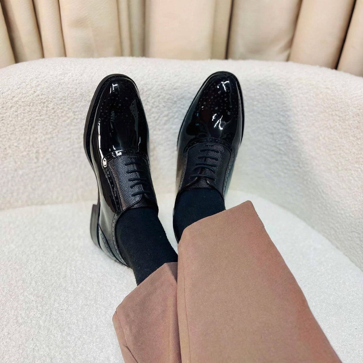 Cobbler India Men’s Black Patent Oxfords – Luxury Brogues for Formal Wear