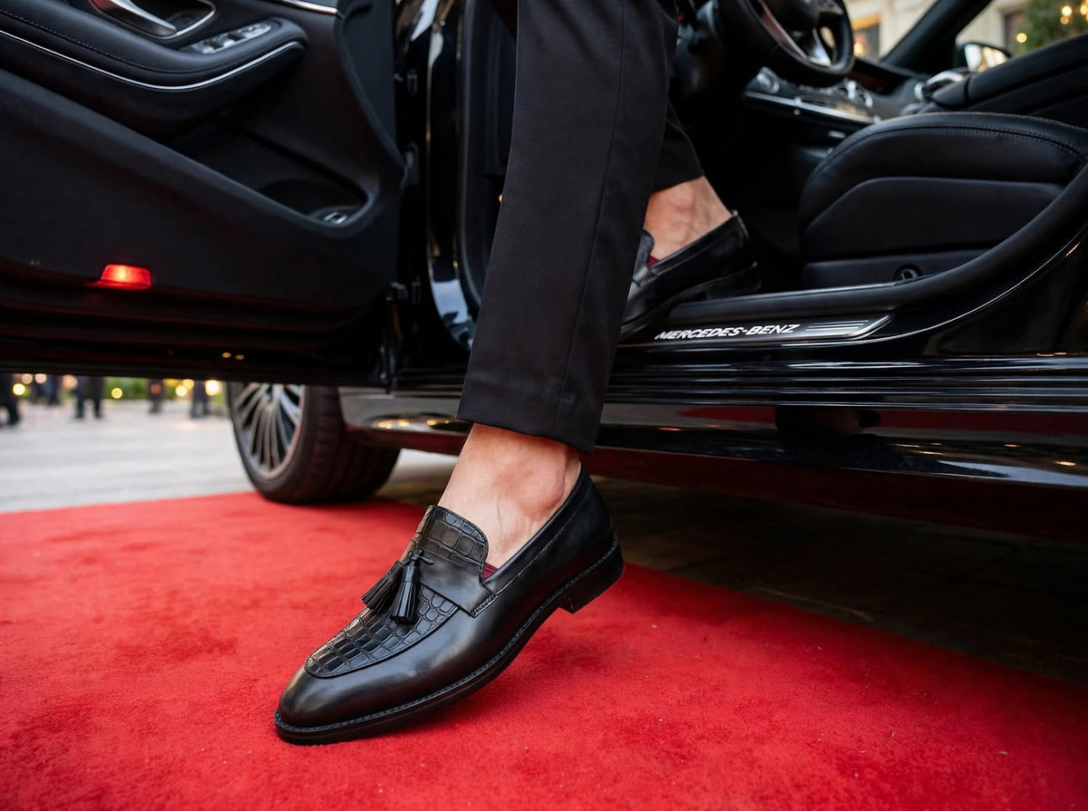 Cobbler India Black Croco Textured Loafers With Tassels