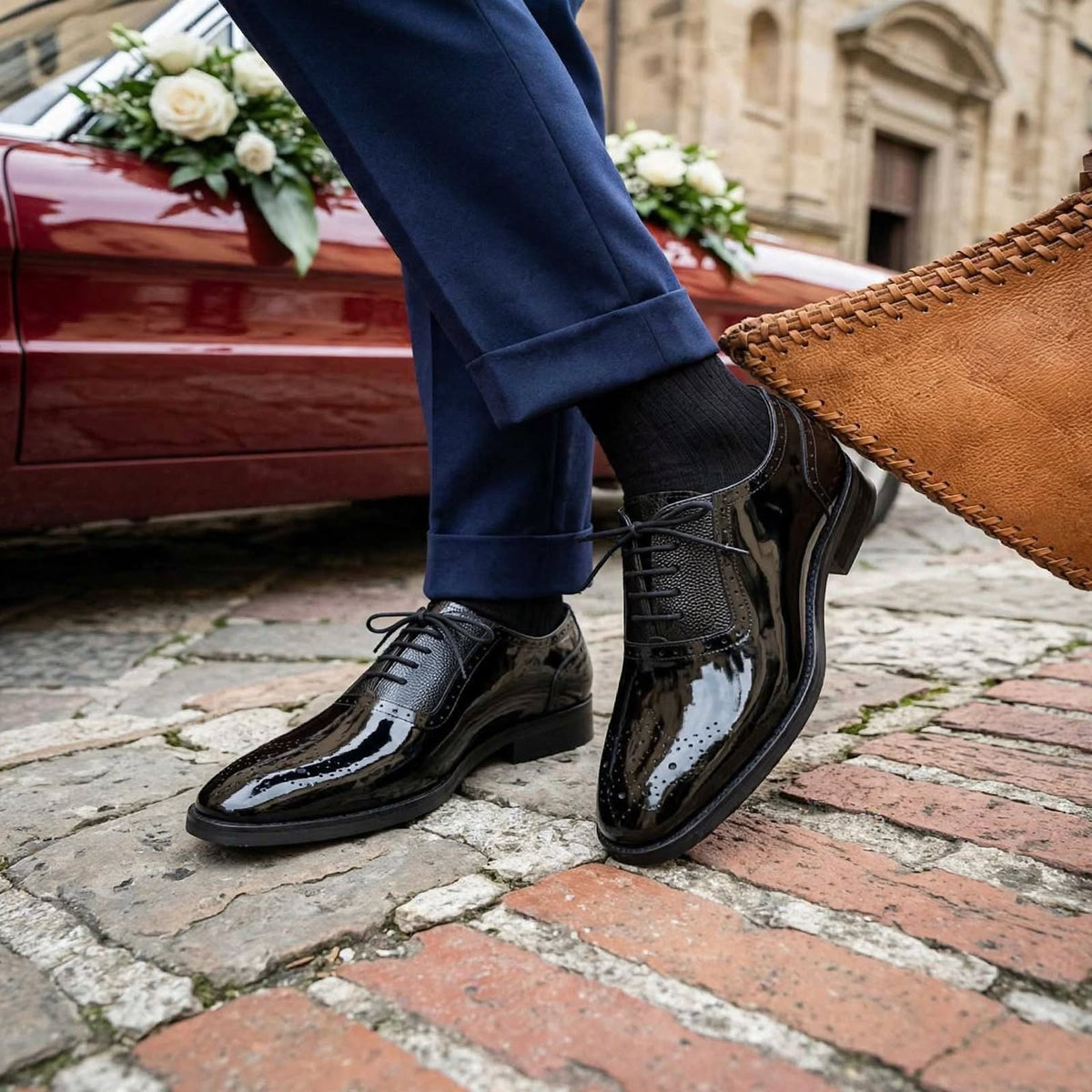 Cobbler India Men’s Black Patent Oxfords – Luxury Brogues for Formal Wear